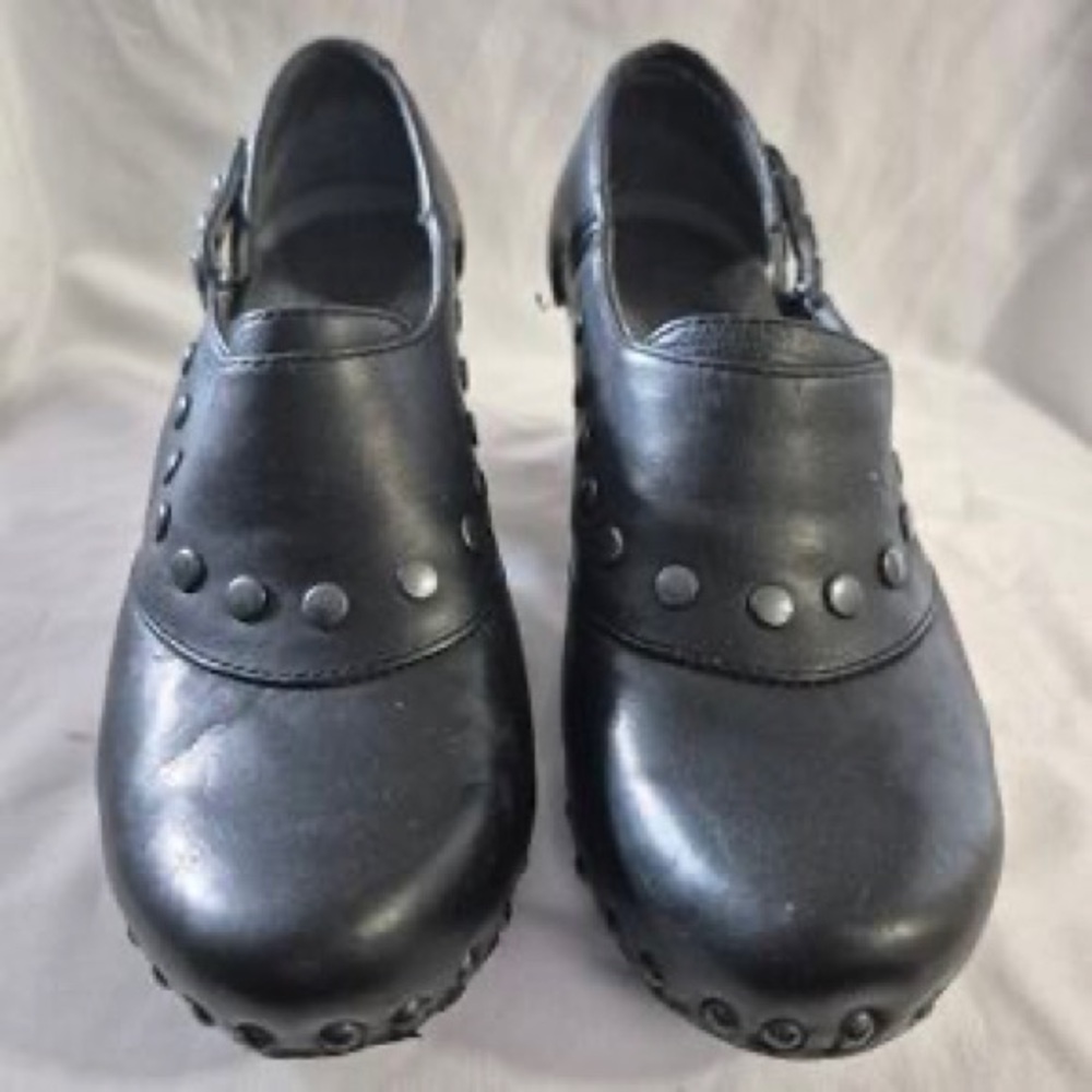 Women’s Black Studded Leather Clog Heels - Picture 3 of 6